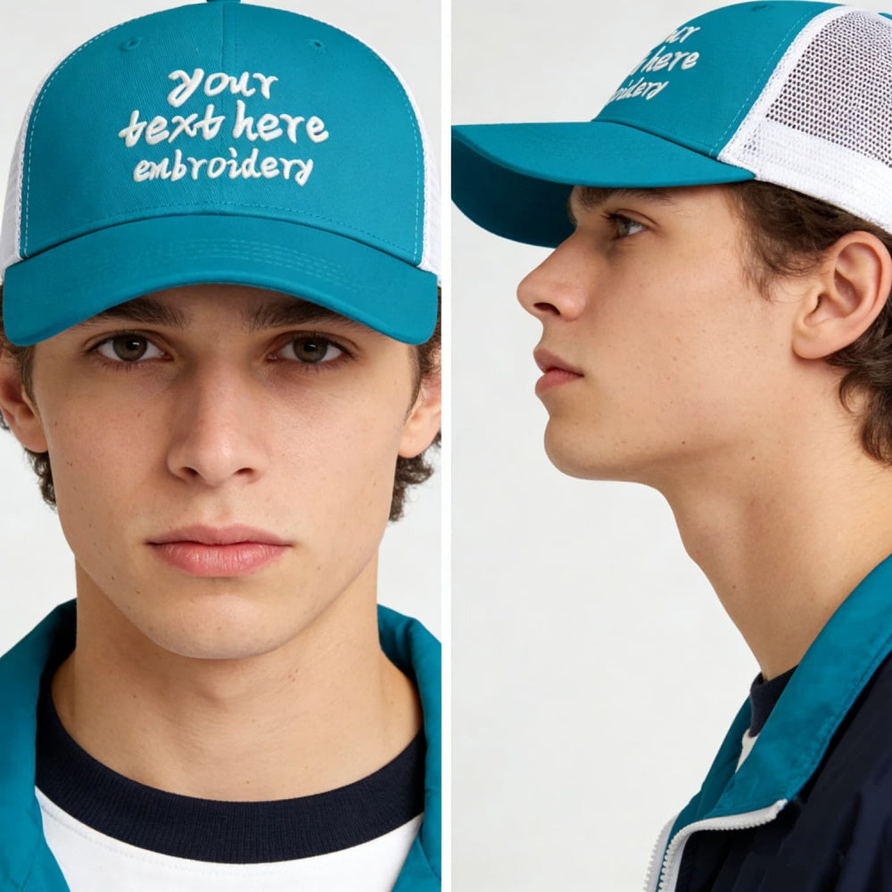 Vosoli Teal White Mesh Trucker Cap - Custom Embroidered Personalized Hat
