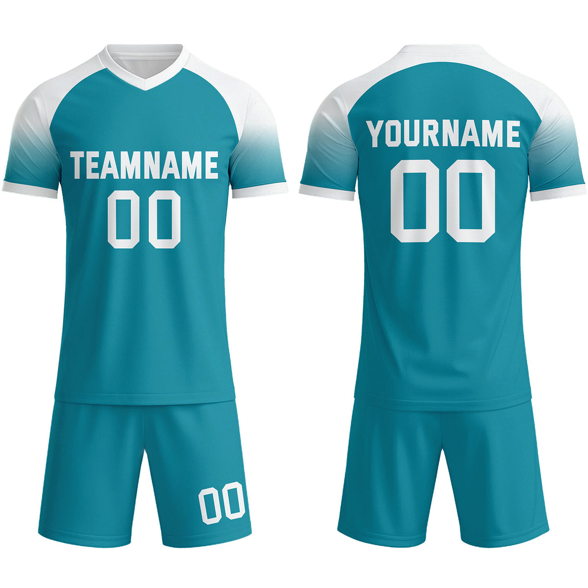 Custom Teal &amp; White Raglan Sleeve Soccer Uniform Set for Teams &amp; Individuals | Vosoli