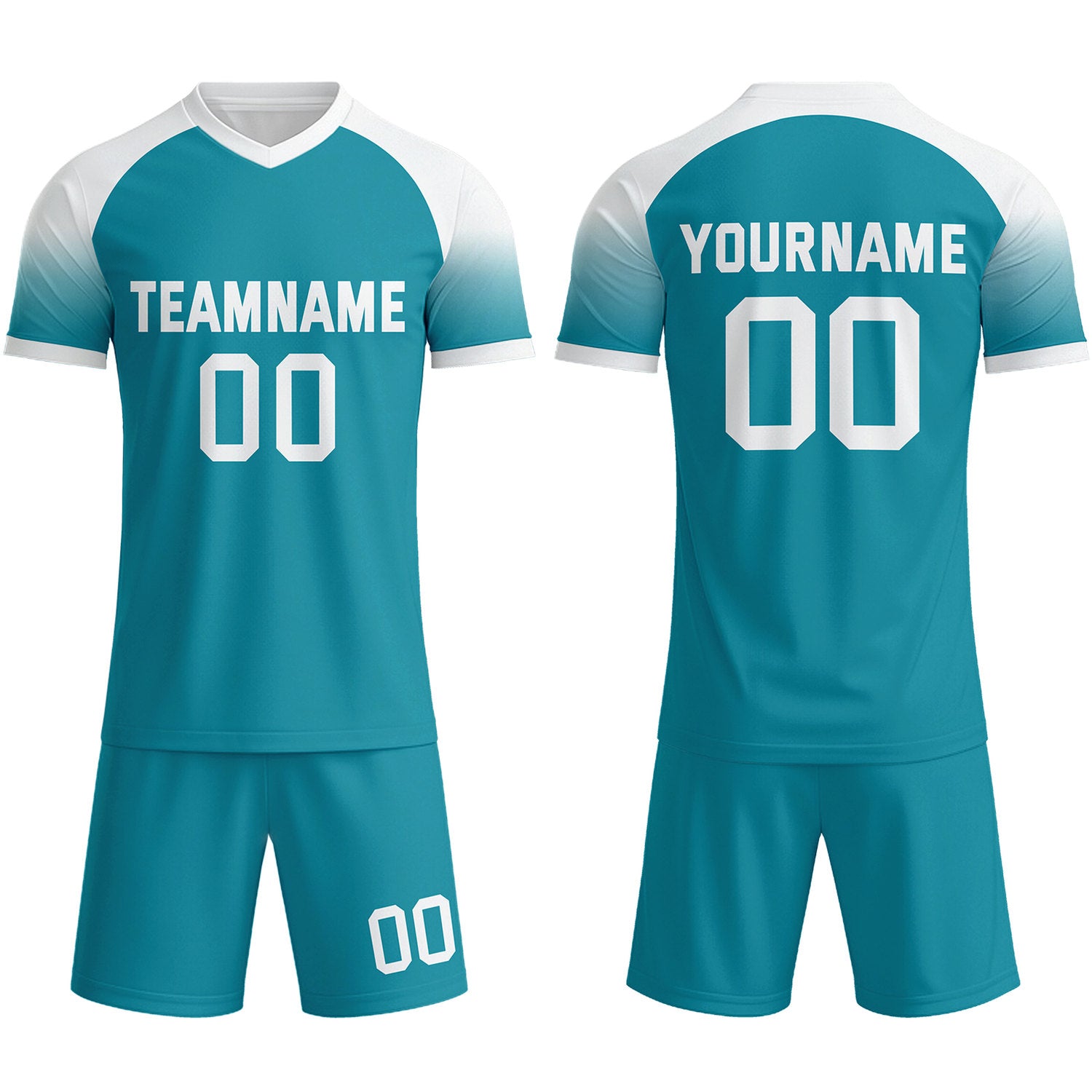 Custom Teal & White Raglan Sleeve Soccer Uniform Set for Teams & Individuals | Vosoli