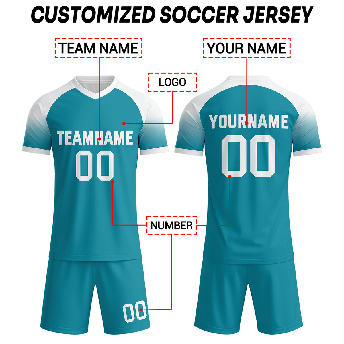Custom Teal & White Raglan Sleeve Soccer Uniform Set for Teams & Individuals | Vosoli