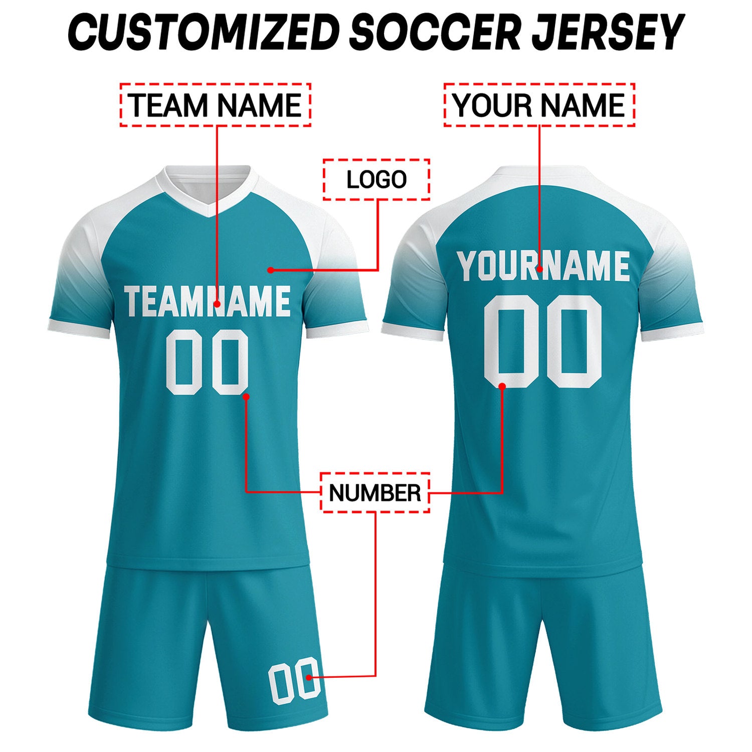 Custom Teal & White Raglan Sleeve Soccer Uniform Set for Teams & Individuals | Vosoli