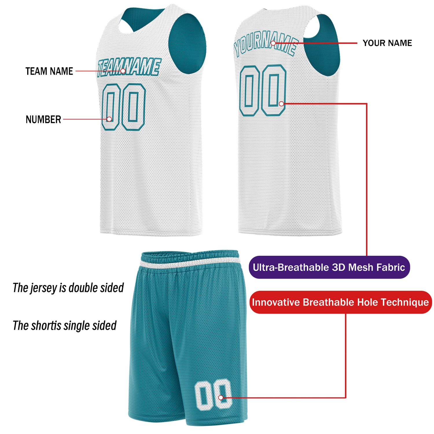 Custom Reversible Basketball Jersey & Shorts Set for Individuals & Teams – Teal White | Vosoli