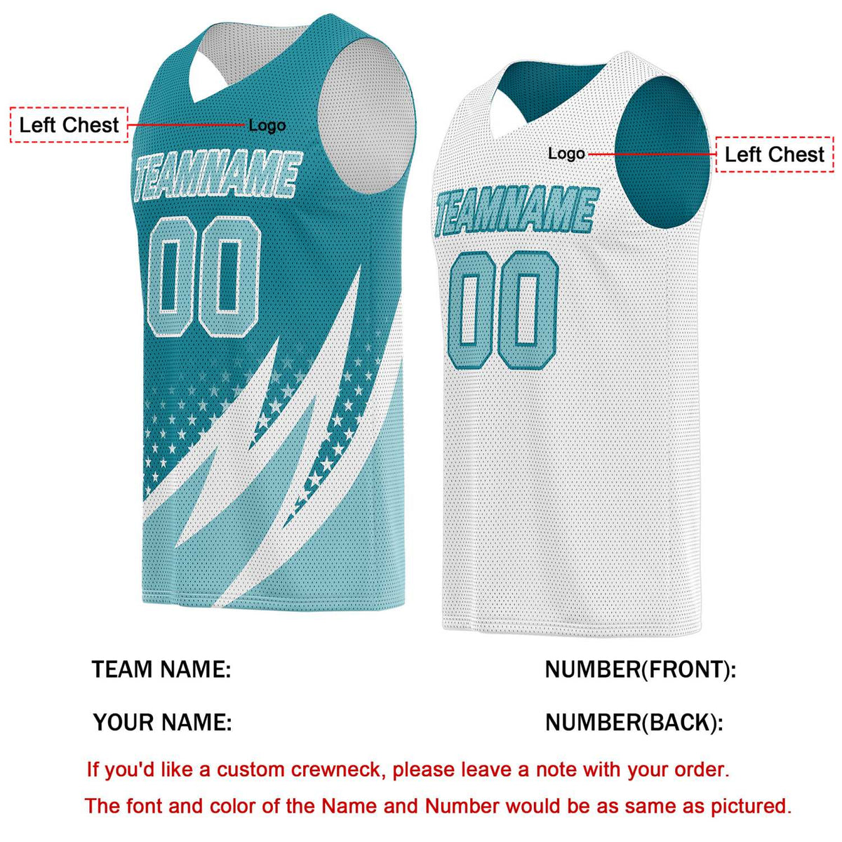 Custom Reversible Basketball Jersey for Individuals & Teams – Teal White Star Stripe | Vosoli