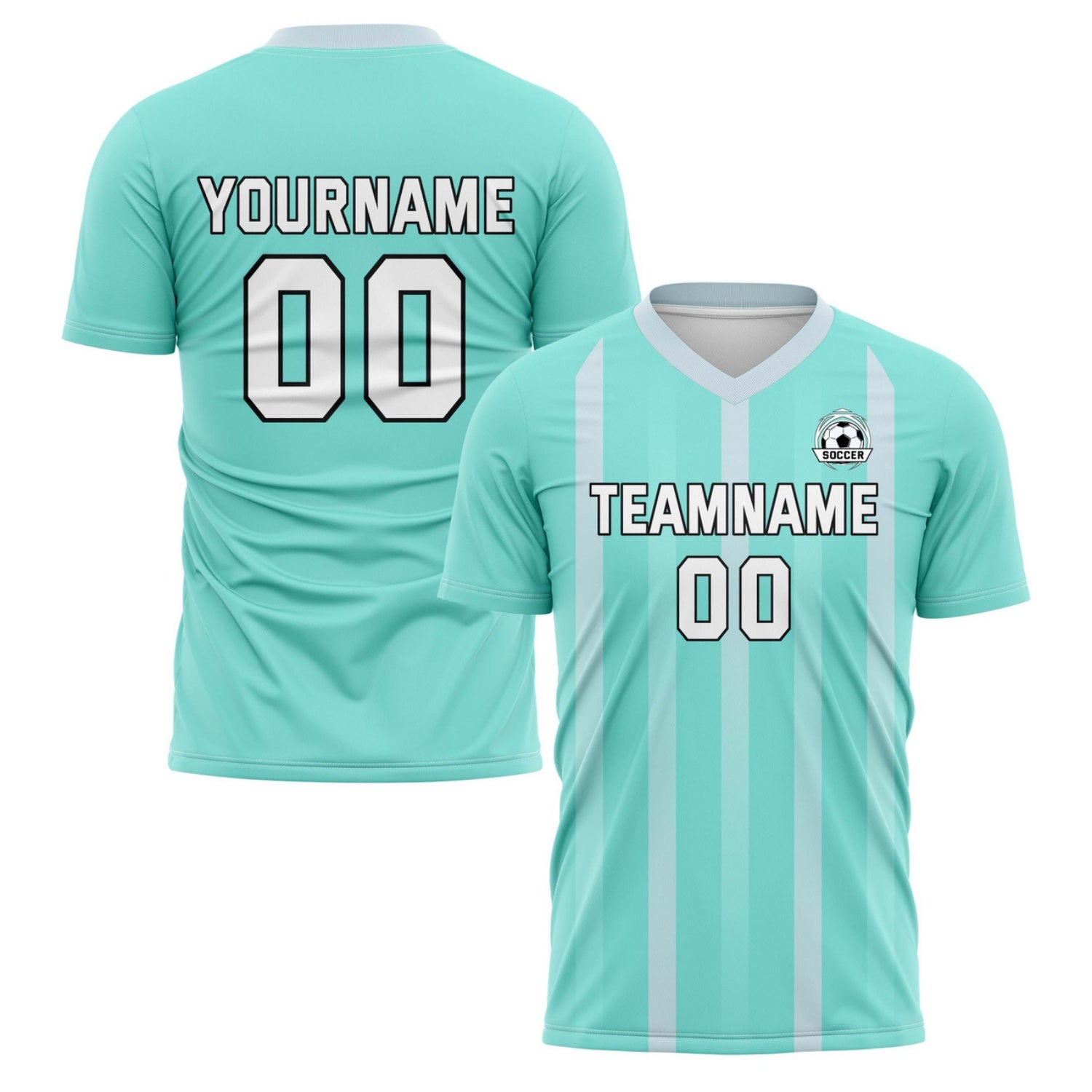 Custom Teal & White Stripe Soccer Jersey - Personalized Team Name & Player Number for Matches | Vosoli