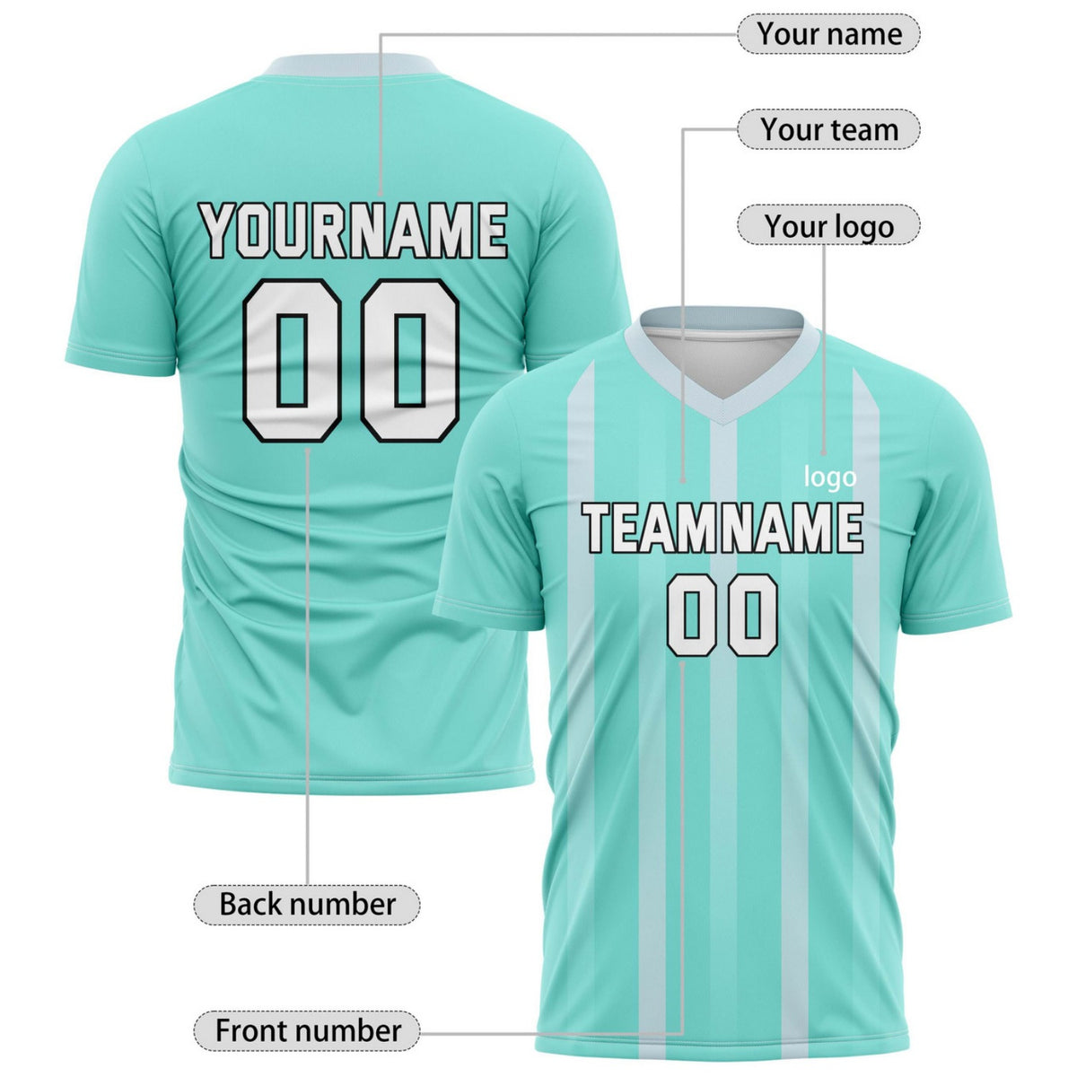 Custom Teal & White Stripe Soccer Jersey - Personalized Team Name & Player Number for Matches | Vosoli