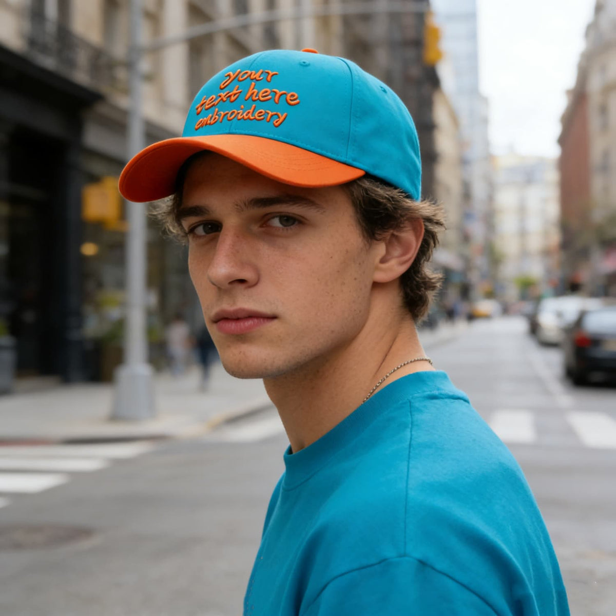 Vosoli Turquoise Orange Two-Tone Baseball Cap - Unisex Custom 3D Embroidery or Print