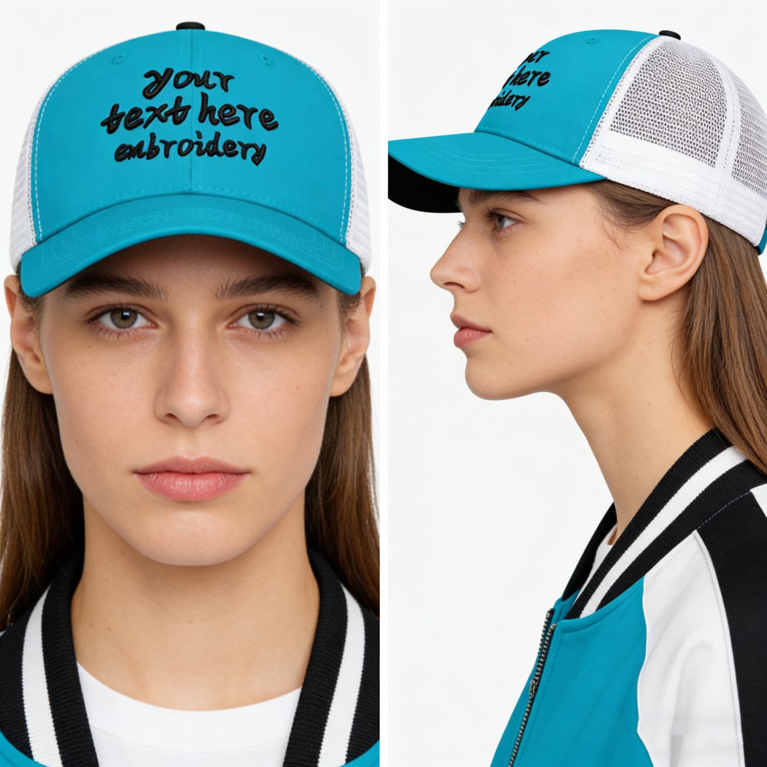 Vosoli Turquoise & White Mesh-Back Trucker Cap - Unisex Personal & Team Custom 3D Embroidery or Print Hat