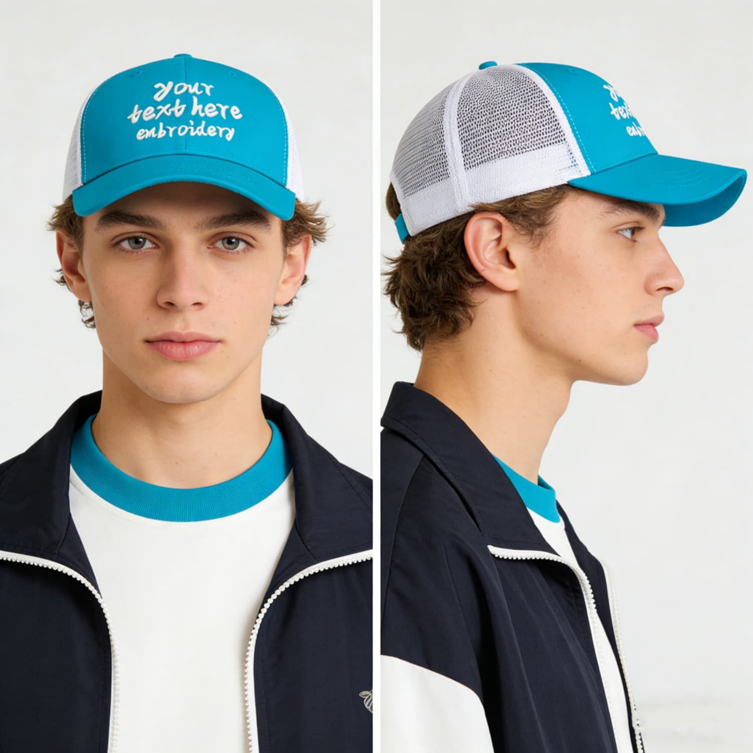 Vosoli Turquoise White Mesh Trucker Cap - Custom Embroidered Personalized Hat