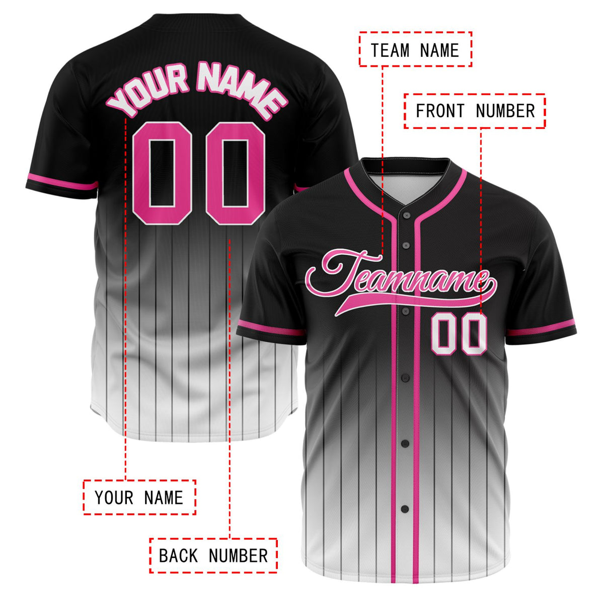 VOSOLI Stealth Black & Hot Pink Gradient Pinstripe Baseball Jersey