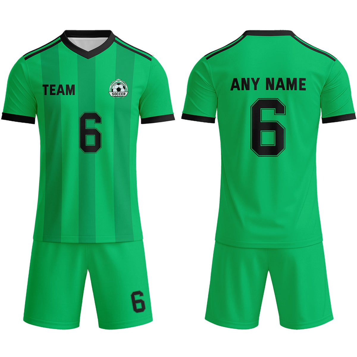 Custom Vibrant Green &amp; Black Striped Soccer Uniform Set for Teams &amp; Individuals | Vosoli