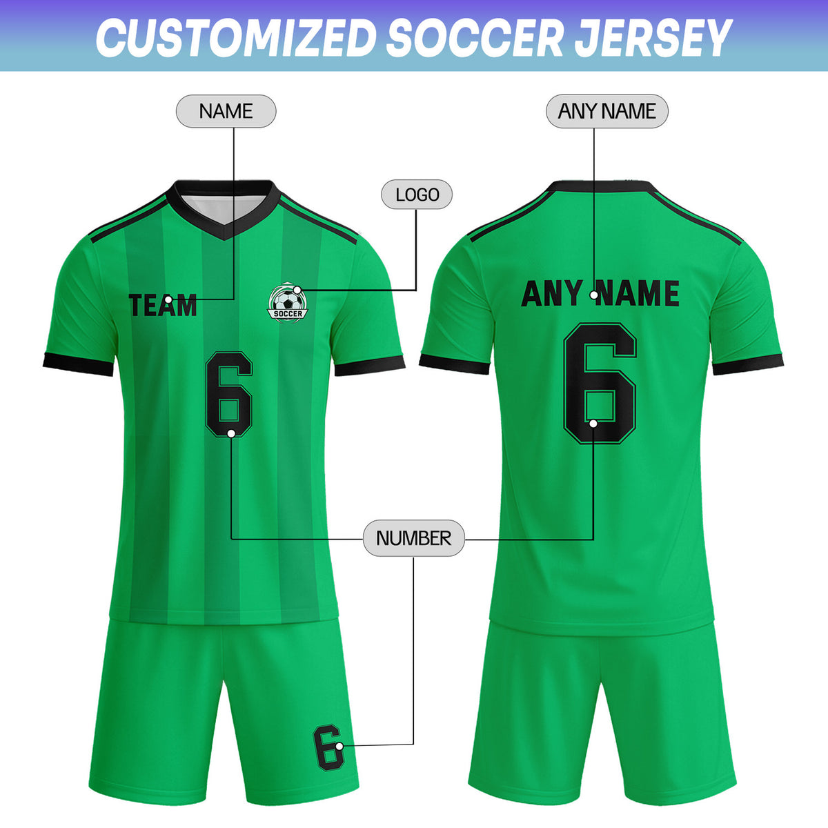 Custom Vibrant Green & Black Striped Soccer Uniform Set for Teams & Individuals | Vosoli