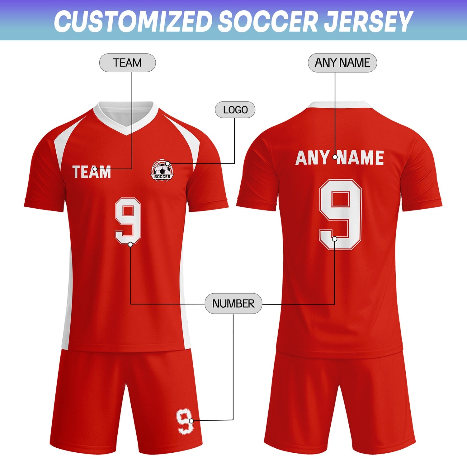 Custom Vibrant Red & White Soccer Uniform Set - Personalized Team Name & Number | Vosoli
