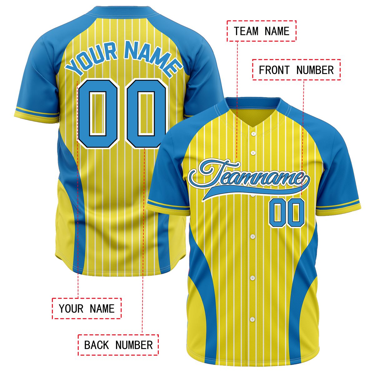VOSOLI Custom Yellow & Blue Pinstripe Baseball Jersey - Sublimated Team Uniform