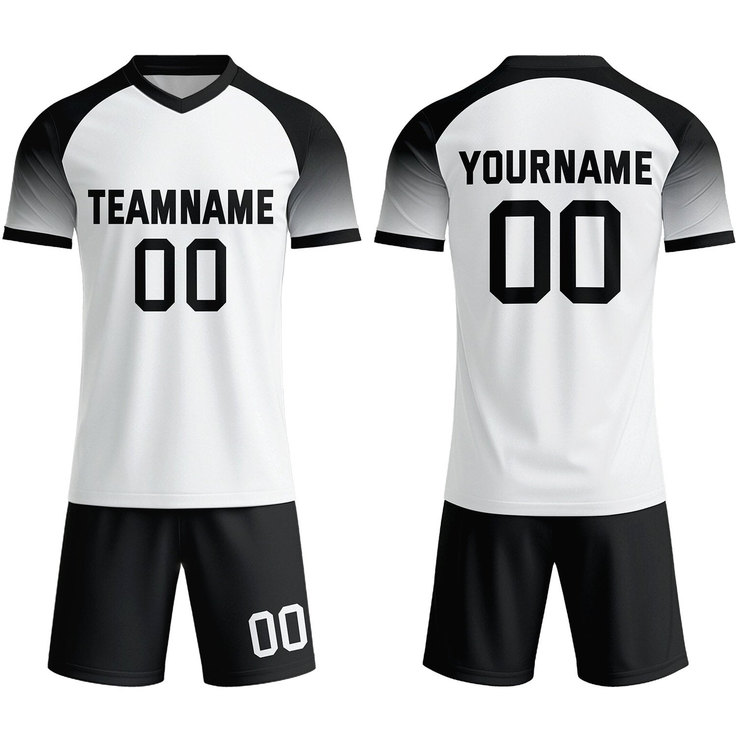 Custom White & Black Raglan Sleeve Soccer Uniform Set for Teams & Individuals | Vosoli