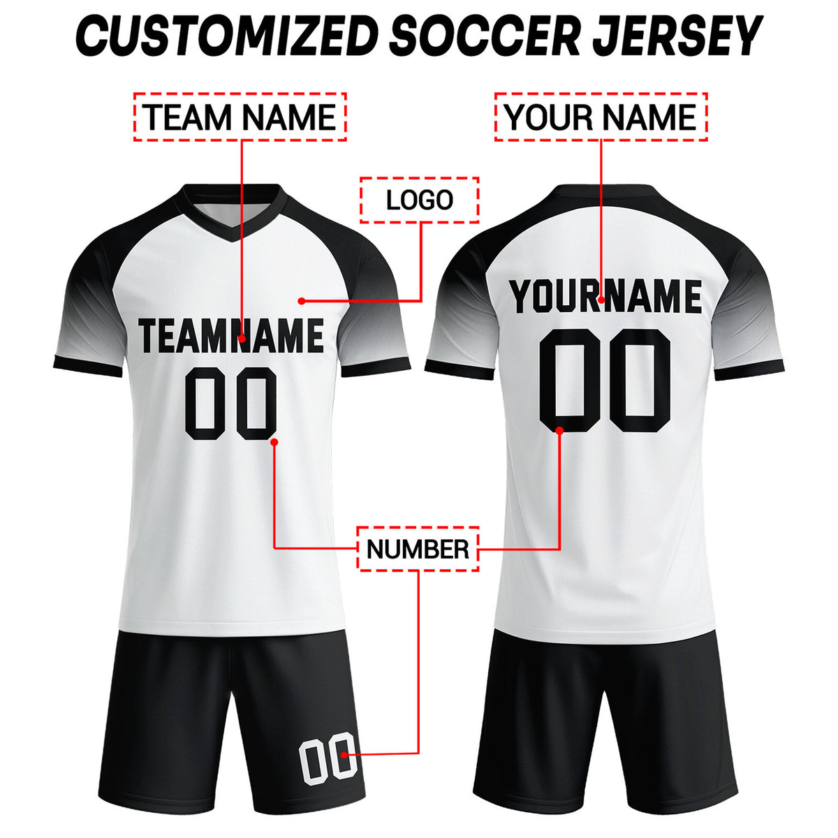 Custom White & Black Raglan Sleeve Soccer Uniform Set for Teams & Individuals | Vosoli