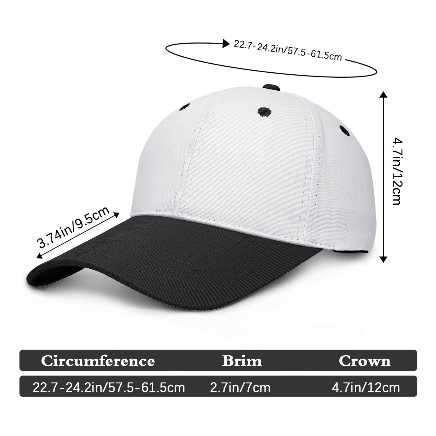 Vosoli White & Black Two-Tone Unisex Deep Bill Baseball Cap - Personal & Team Custom 3D Embroidery or Print Hat