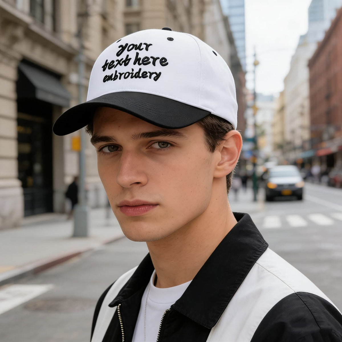 Vosoli White & Black Two-Tone Unisex Deep Bill Baseball Cap - Personal & Team Custom 3D Embroidery or Print Hat