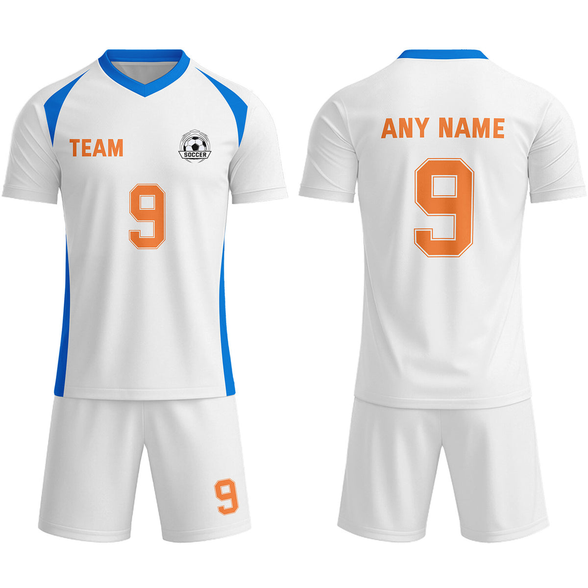 Custom White &amp; Blue-Orange Soccer Uniform Set - Personalized Team Name &amp; Number | Vosoli