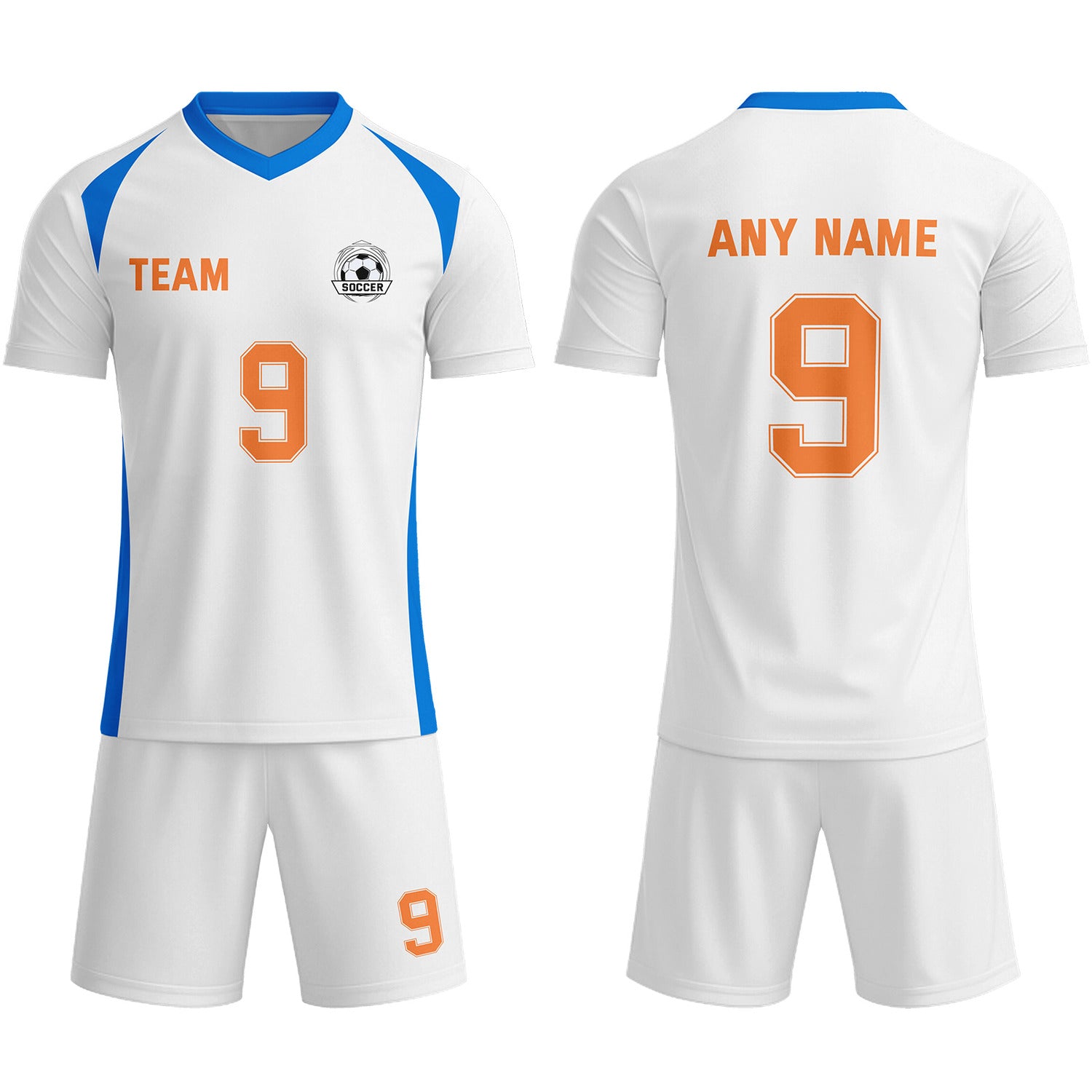 Custom White & Blue-Orange Soccer Uniform Set - Personalized Team Name & Number | Vosoli