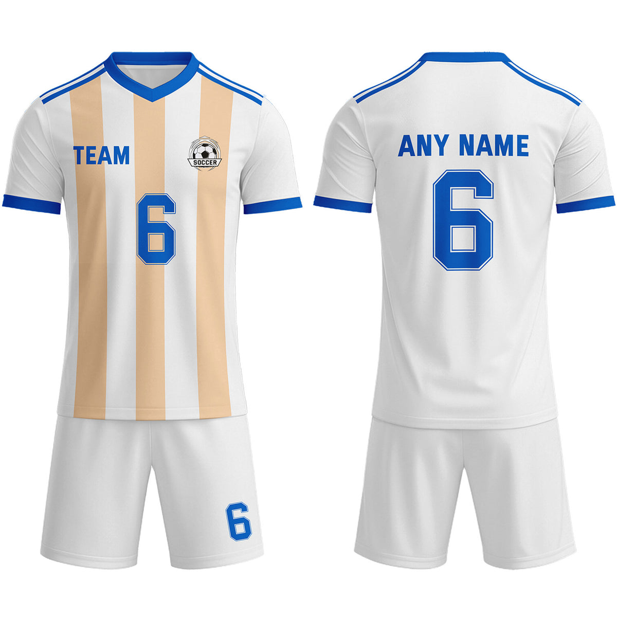 Custom White &amp; Cream-Blue Striped Soccer Uniform Set for Teams &amp; Individuals | Vosoli