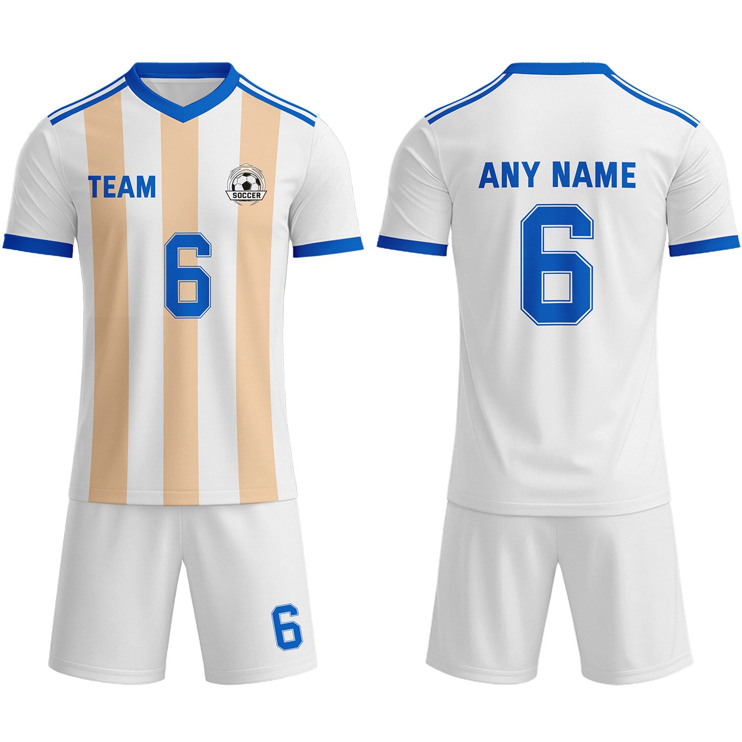 Custom White & Cream-Blue Striped Soccer Uniform Set for Teams & Individuals | Vosoli