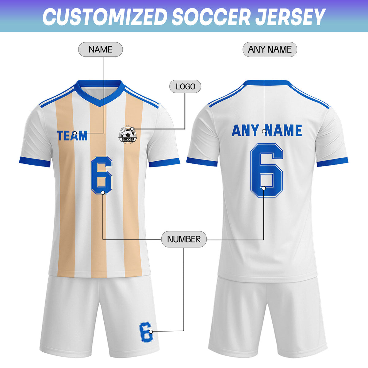 Custom White & Cream-Blue Striped Soccer Uniform Set for Teams & Individuals | Vosoli