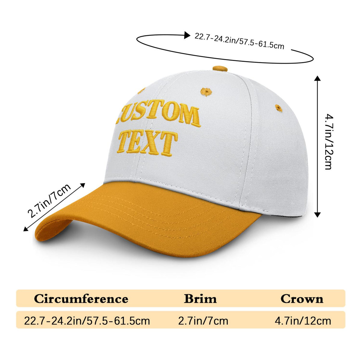 Vosoli White & Gold Two-Tone Baseball Cap - Unisex Custom 3D Embroidery or Print