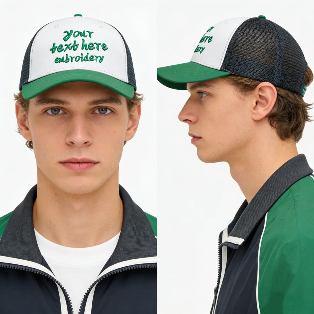 Vosoli White & Green-Black Mesh-Back Trucker Cap - Unisex Personal & Team Custom 3D Embroidery or Print Hat