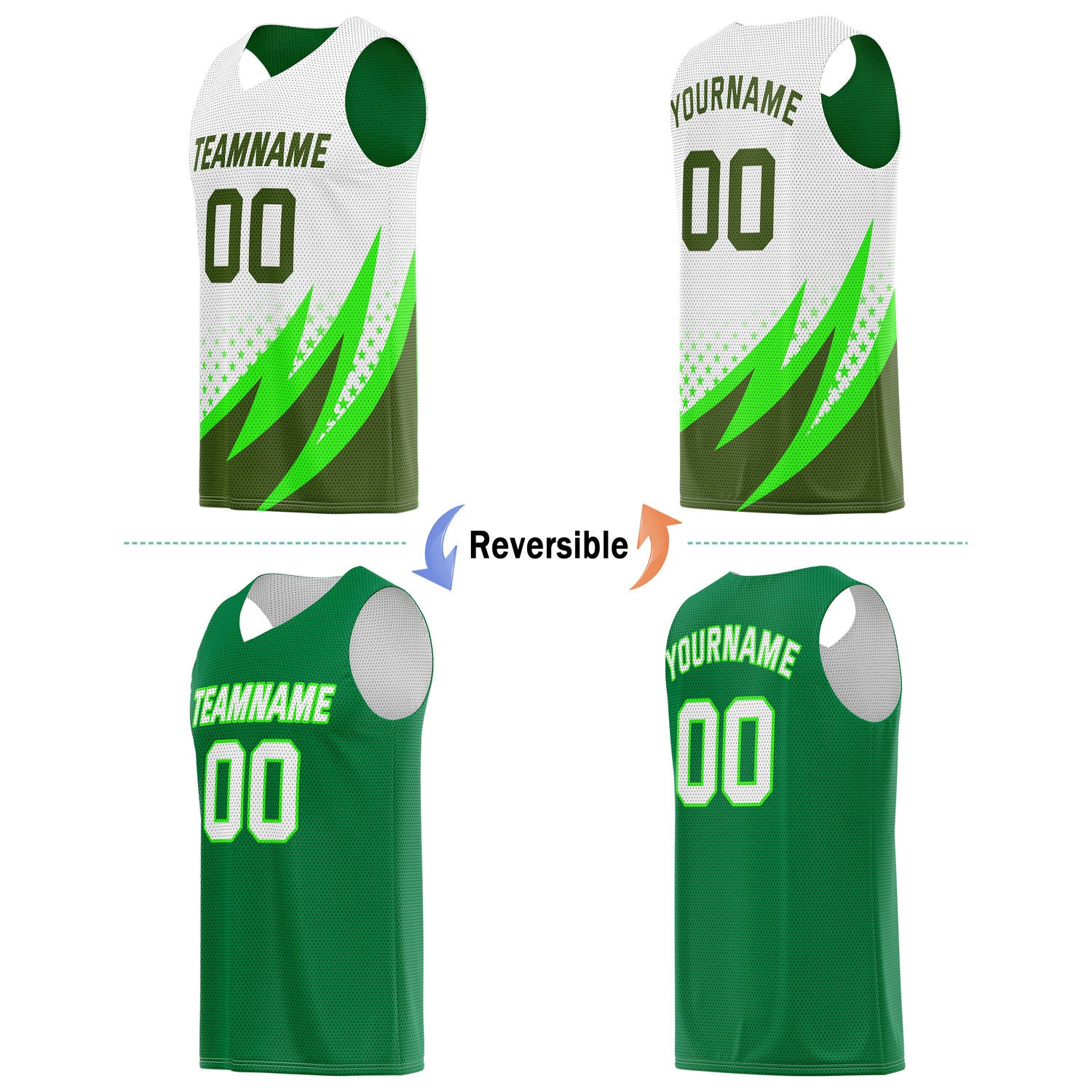 Custom Reversible Basketball Jersey for Individuals & Teams – White, Green & Olive | Vosoli