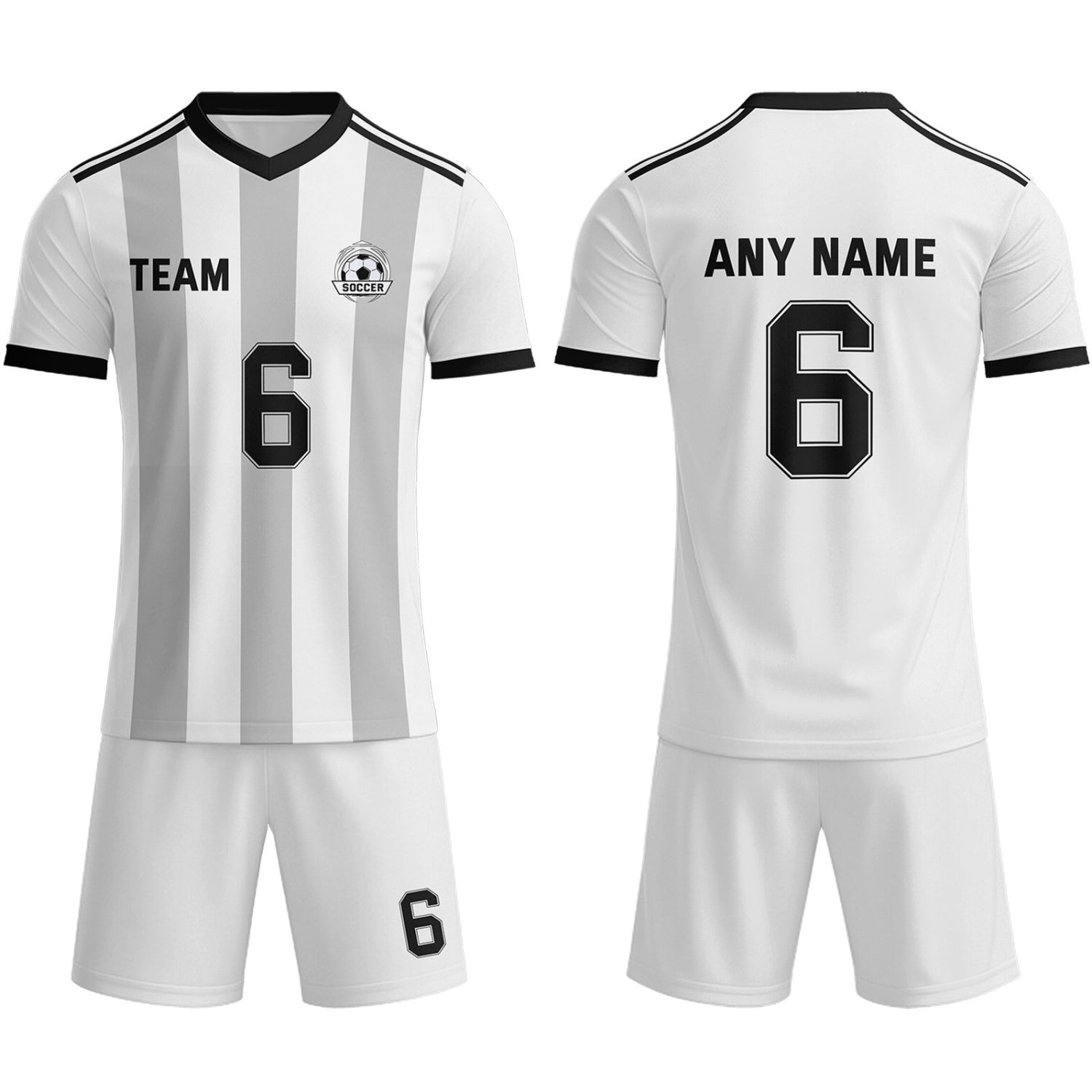 Custom White & Grey-Black Striped Soccer Uniform Set for Teams & Individuals | Vosoli