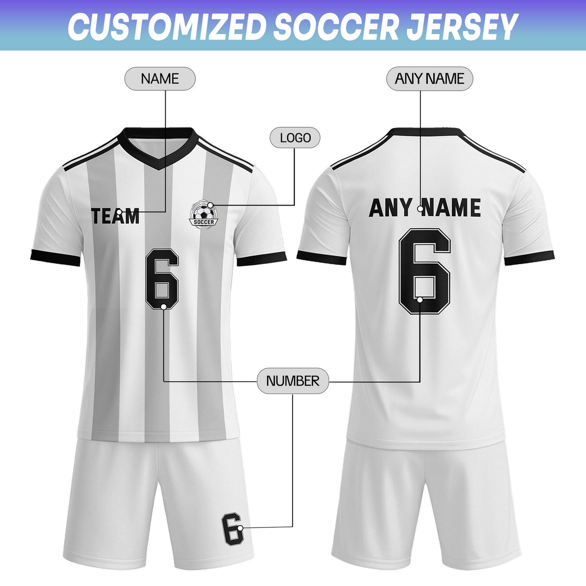 Custom White & Grey-Black Striped Soccer Uniform Set for Teams & Individuals | Vosoli