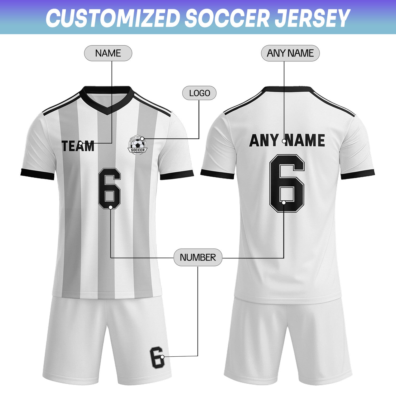 Custom White & Grey-Black Striped Soccer Uniform Set for Teams & Individuals | Vosoli