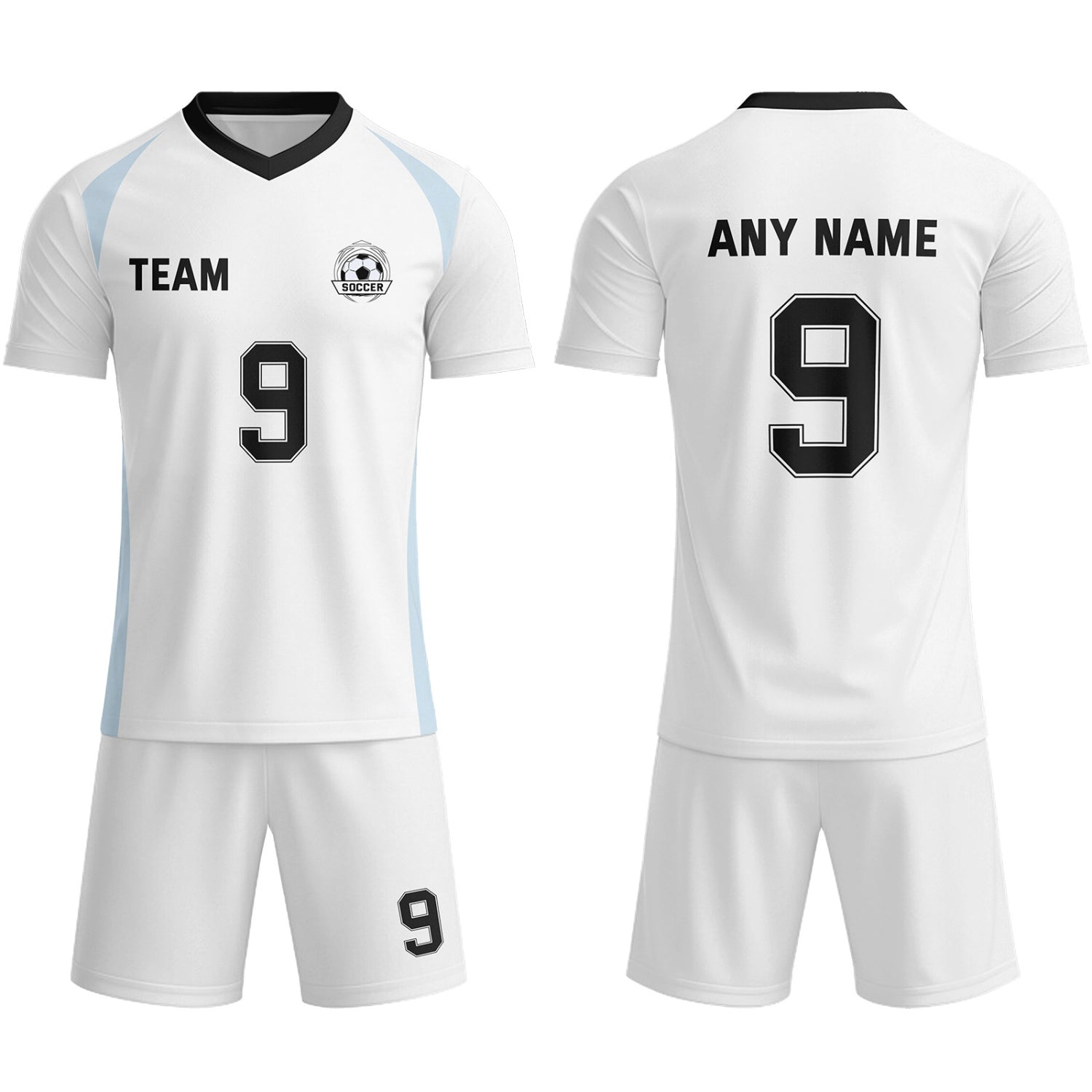 Custom White & Light Blue-Black Soccer Uniform Set - Personalized Team Name & Number | Vosoli