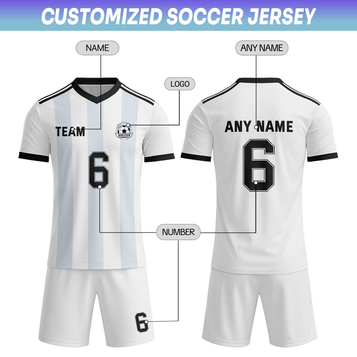 Custom White & Light Blue-Black Striped Soccer Uniform Set for Teams & Individuals | Vosoli