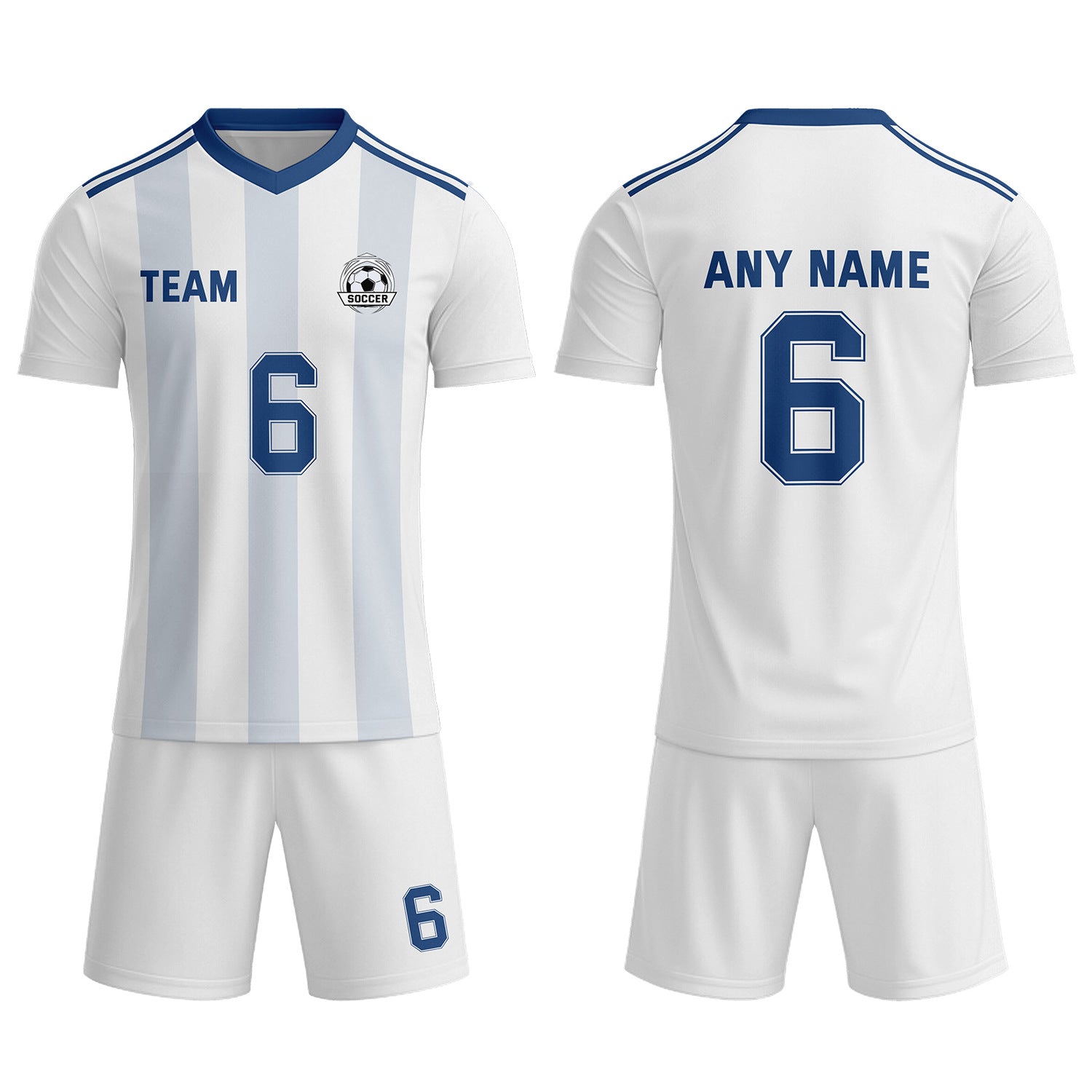 Custom White & Light Blue-Navy Striped Soccer Uniform Set for Teams & Individuals | Vosoli