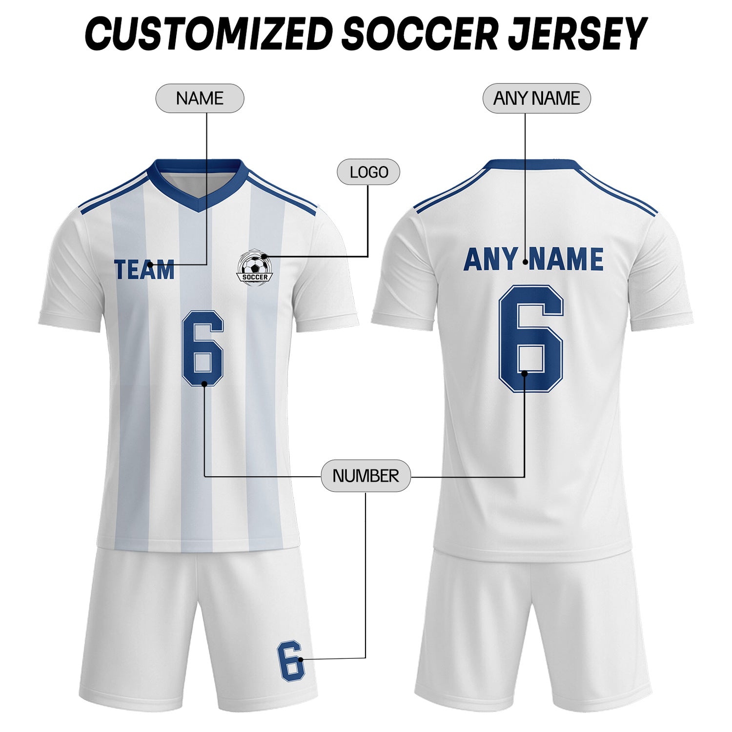 Custom White & Light Blue-Navy Striped Soccer Uniform Set for Teams & Individuals | Vosoli