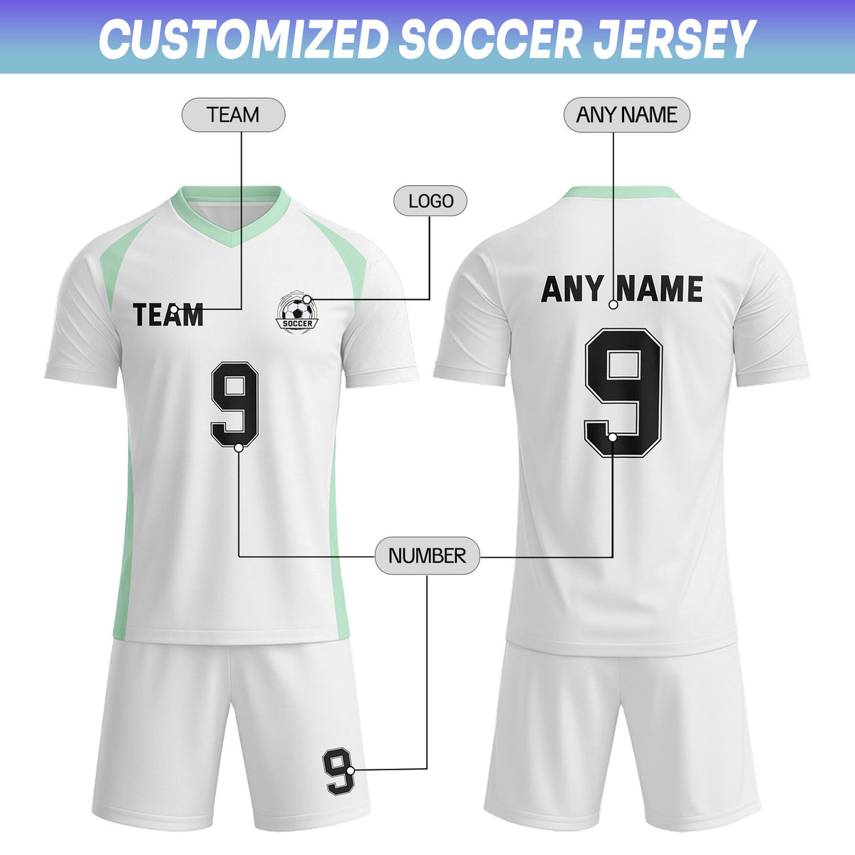 Custom White & Mint-Black Soccer Uniform Set - Personalized Team Name & Number | Vosoli