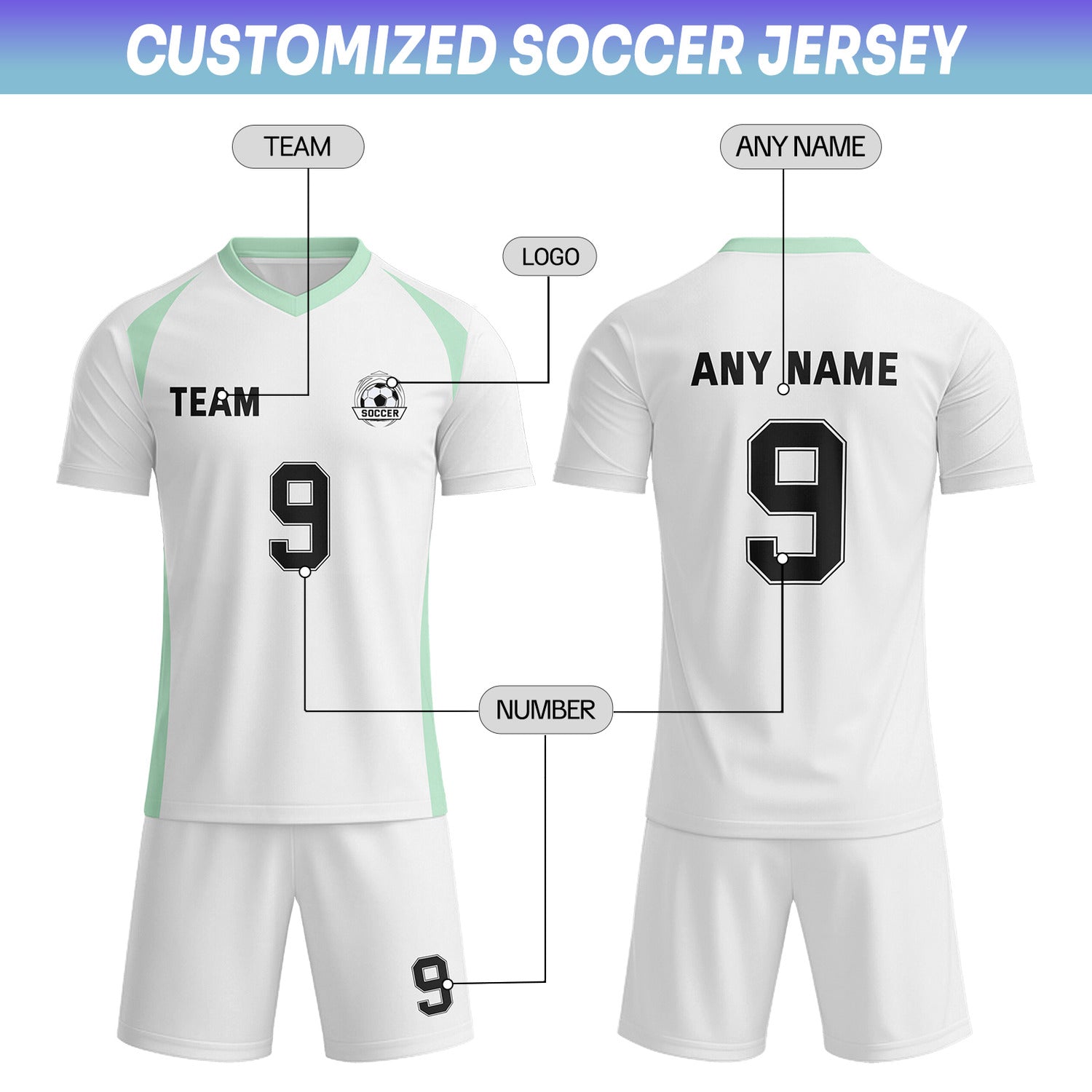 Custom White & Mint-Black Soccer Uniform Set - Personalized Team Name & Number | Vosoli