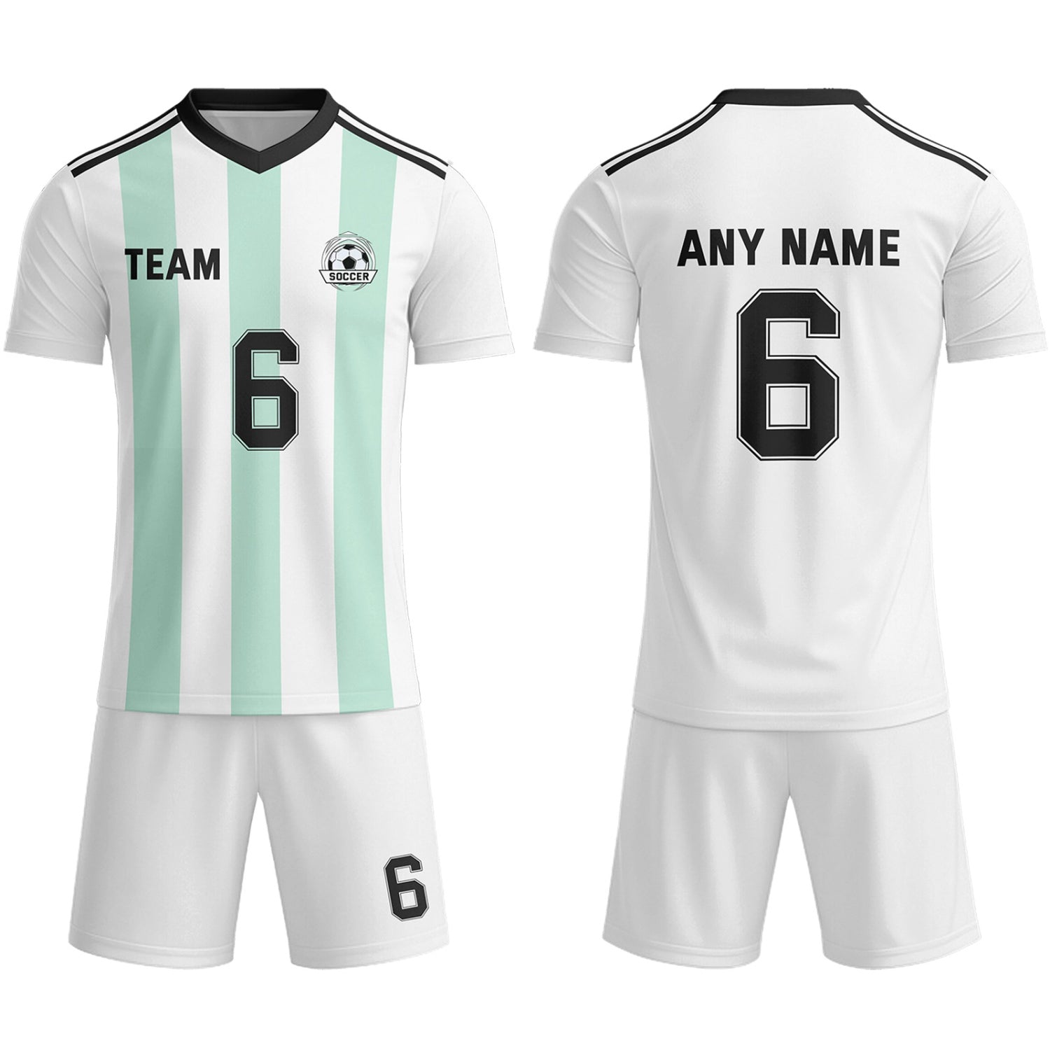 Custom White & Mint Green-Black Striped Soccer Uniform Set for Teams & Individuals | Vosoli