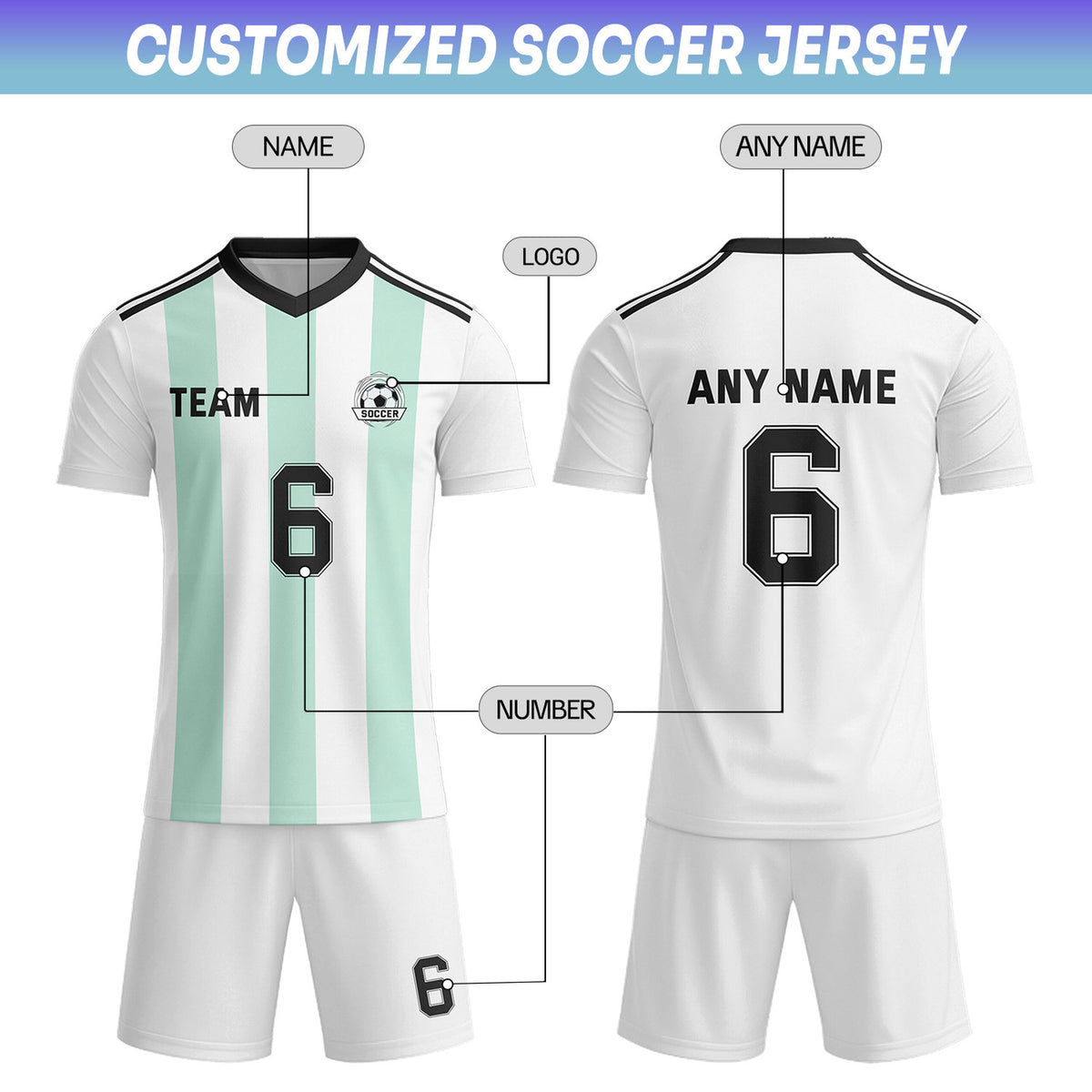 Custom White & Mint Green-Black Striped Soccer Uniform Set for Teams & Individuals | Vosoli