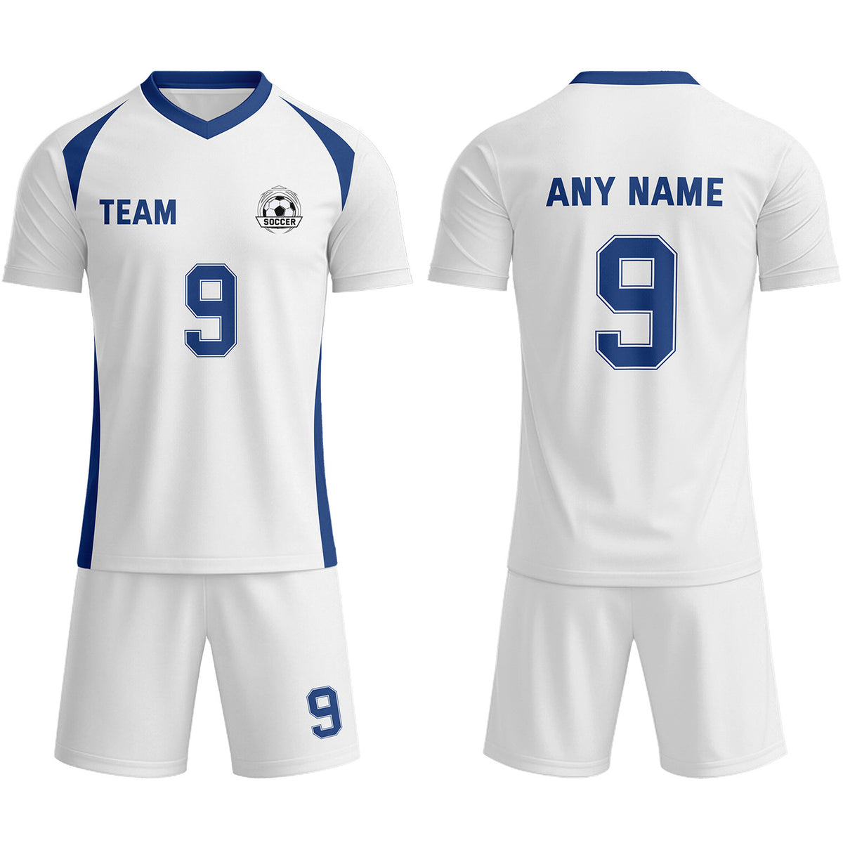Custom White &amp; Navy Blue Soccer Uniform Set - Personalized Team Name &amp; Number | Vosoli