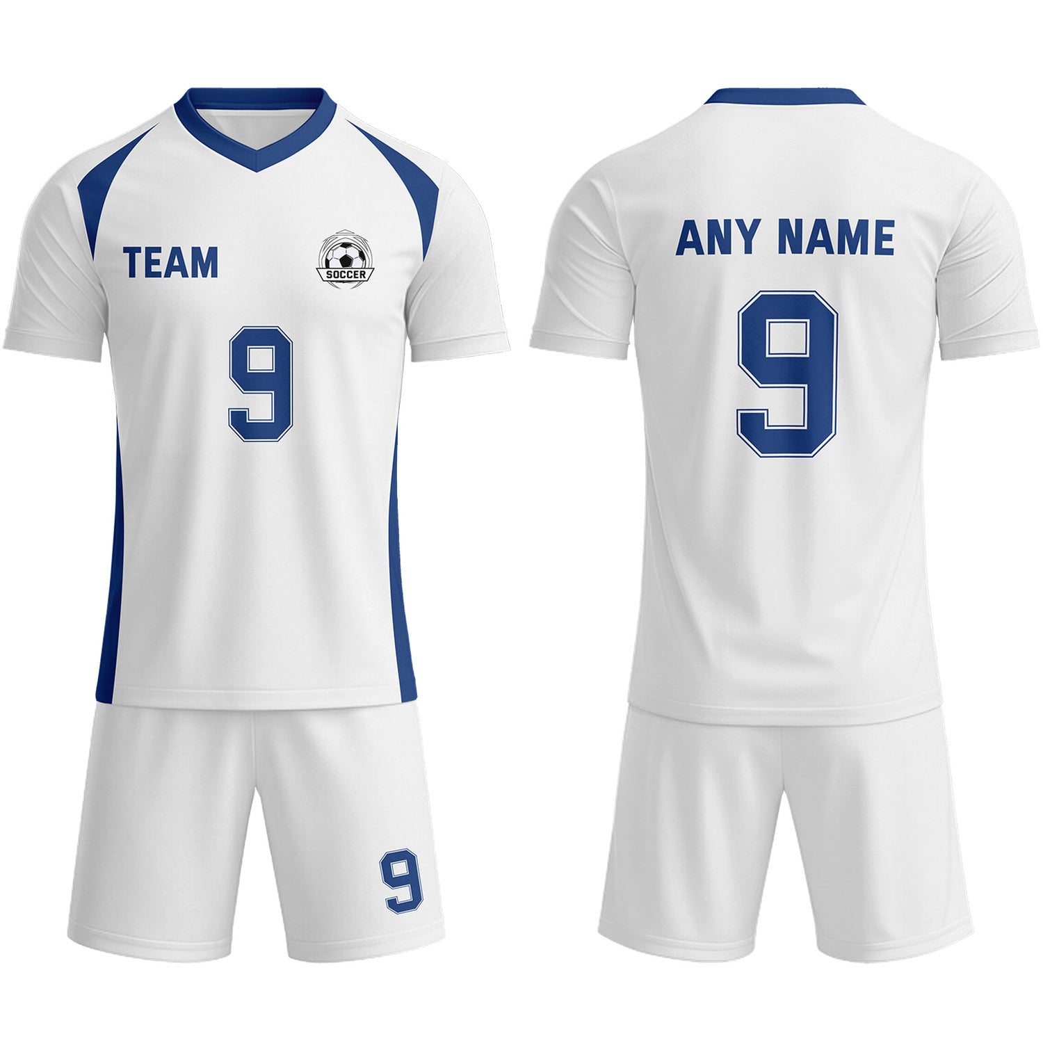 Custom White & Navy Blue Soccer Uniform Set - Personalized Team Name & Number | Vosoli