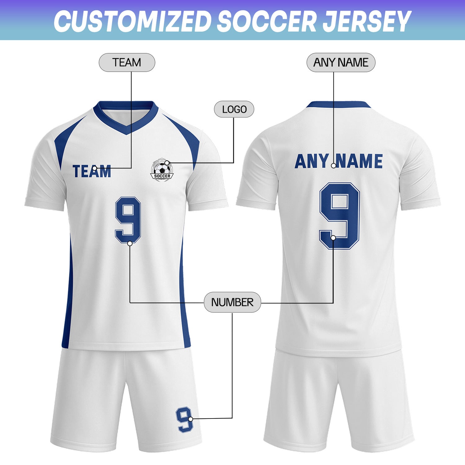 Custom White & Navy Blue Soccer Uniform Set - Personalized Team Name & Number | Vosoli