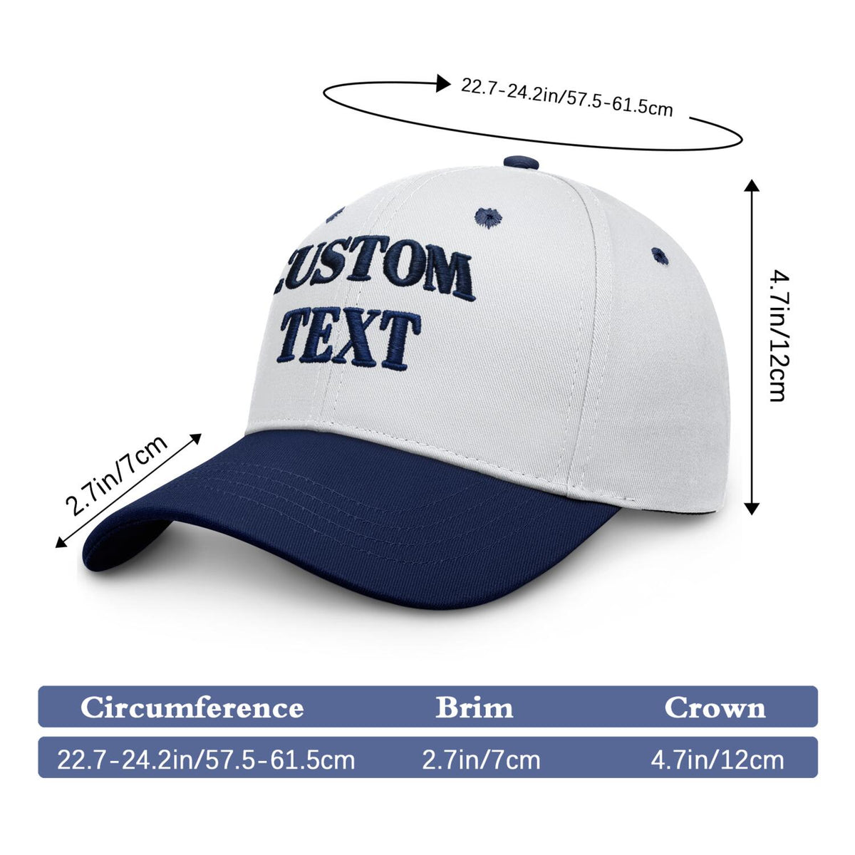 Vosoli White & Navy Two-Tone Baseball Cap - Unisex Custom 3D Embroidery or Print
