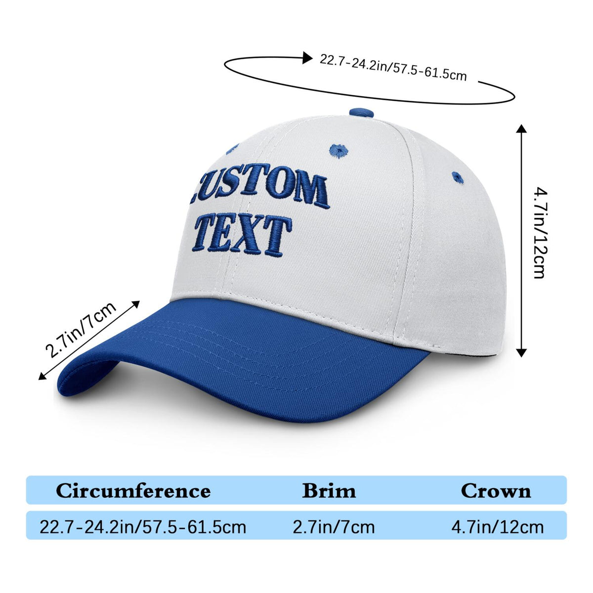 Vosoli White Blue Two-Tone Baseball Cap - Unisex Custom 3D Embroidery or Print