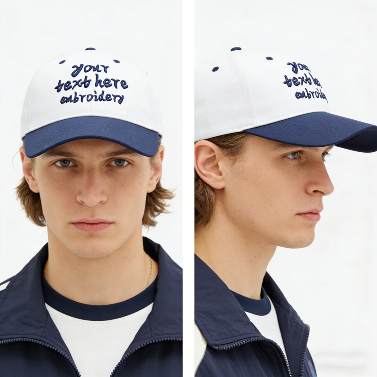 Vosoli White & Navy Two-Tone Unisex Deep Bill Baseball Cap - Personal & Team Custom 3D Embroidery or Print Hat