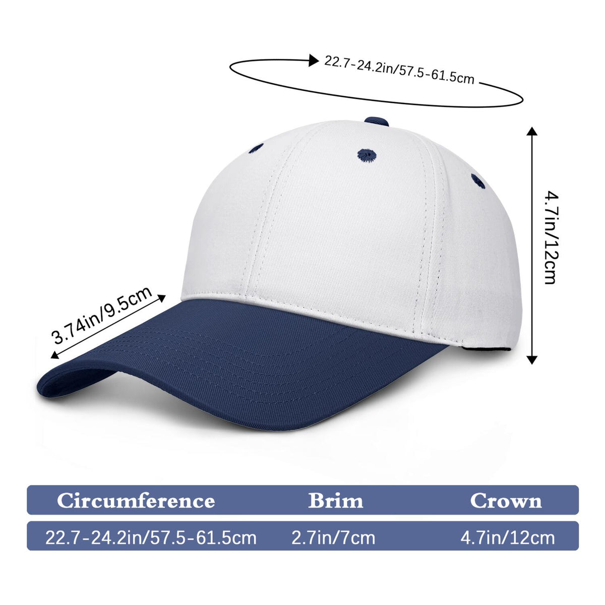 Vosoli White & Navy Two-Tone Unisex Deep Bill Baseball Cap - Personal & Team Custom 3D Embroidery or Print Hat