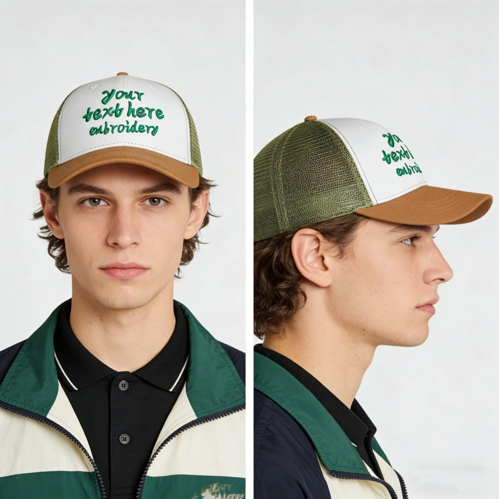 Vosoli White & Olive Mesh-Back Trucker Cap - Unisex Personal & Team Custom 3D Embroidery or Print Hat