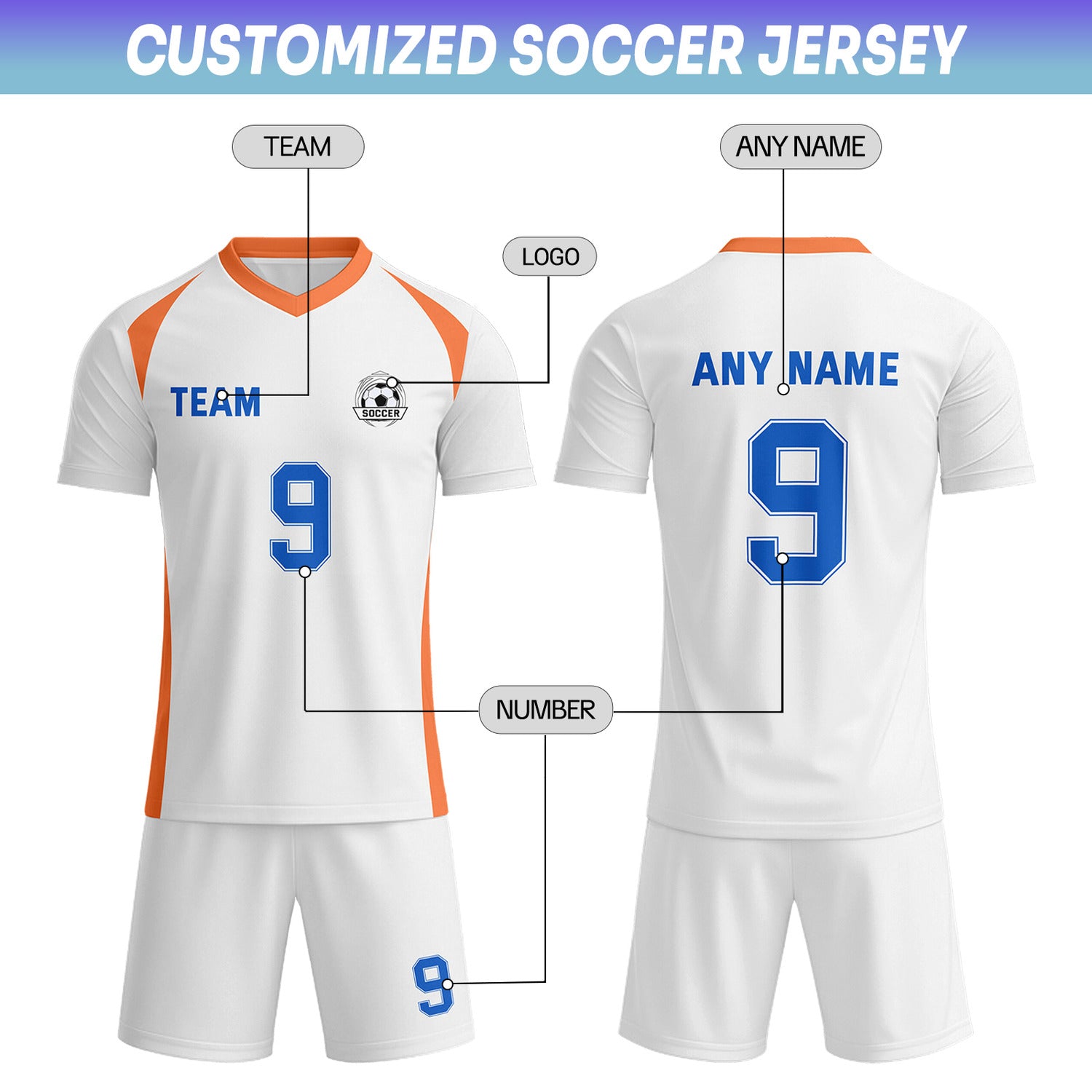 Custom White & Orange-Blue Soccer Uniform Set - Personalized Team Name & Number | Vosoli