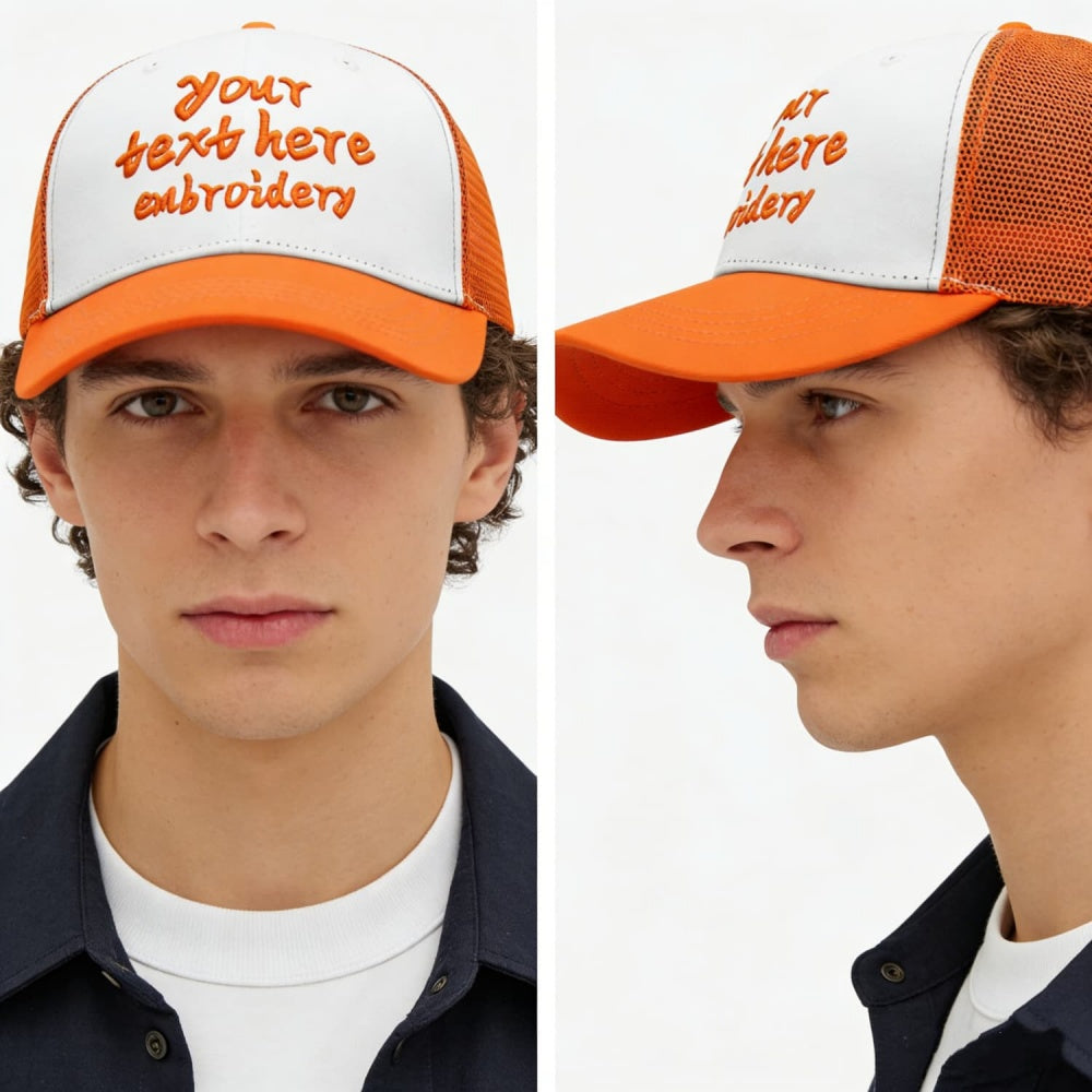 Vosoli White & Orange Mesh-Back Trucker Cap - Unisex Personal & Team Custom 3D Embroidery or Print Hat